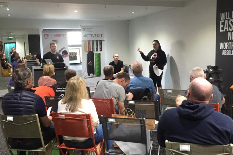 MD Julie Hayton addresses the visitors at an evening to discuss Matt Bottrill's progress as he attempts to move into triathlon