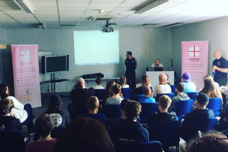 Function Jigsaw's Tom Heeley (seated back, right) delivers a session on SCAT testing at Loughborough University